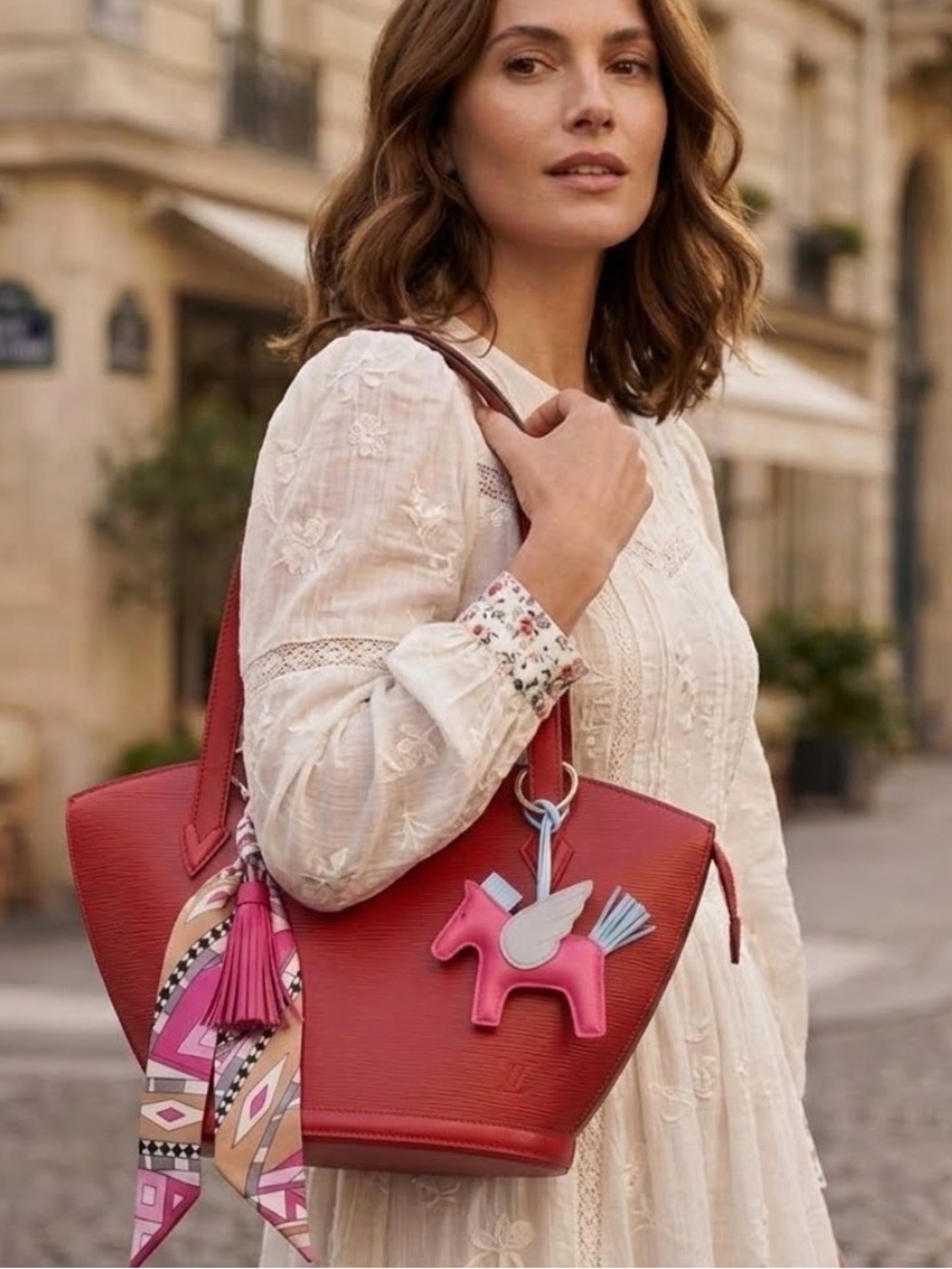 Louis Vuitton Red Leather Shoulder Bag with Pink Charm